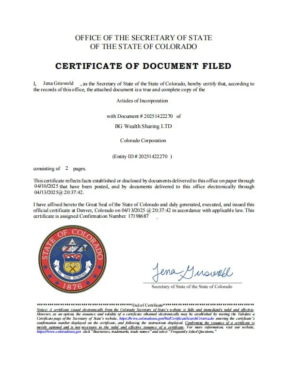 Colorado Certificate of Incorporation